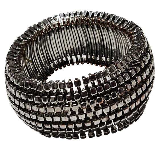 Elegant Vintage Silver Tone Stretch Chunky Bracelet Square Bead Design Jewelry - Picture 1 of 4